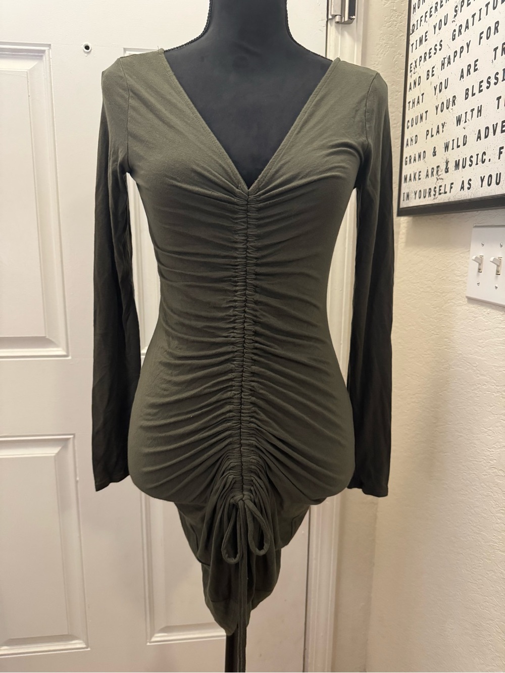 Fashion Nova Olive Drawstring Ruched V-Neck Long Sleeve Dress 0329